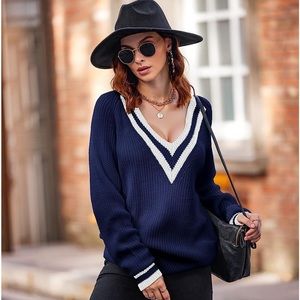 Zeagoo Sweater for Women V Neck Classic Fit Pullover Top Navy Blue/ White M NWT